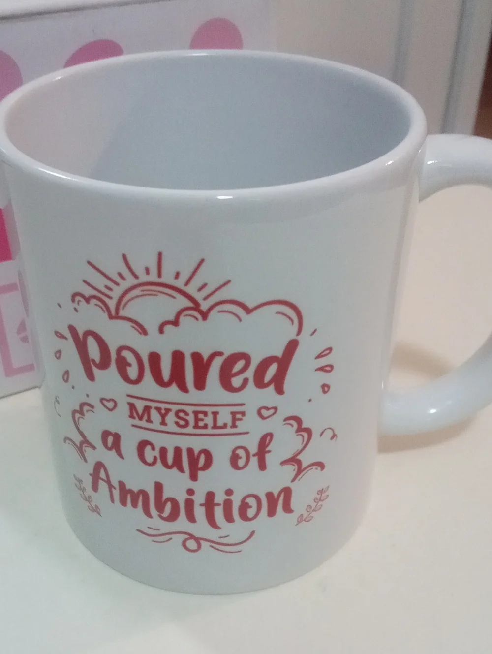 * White Ceramic Mug Pink Script 